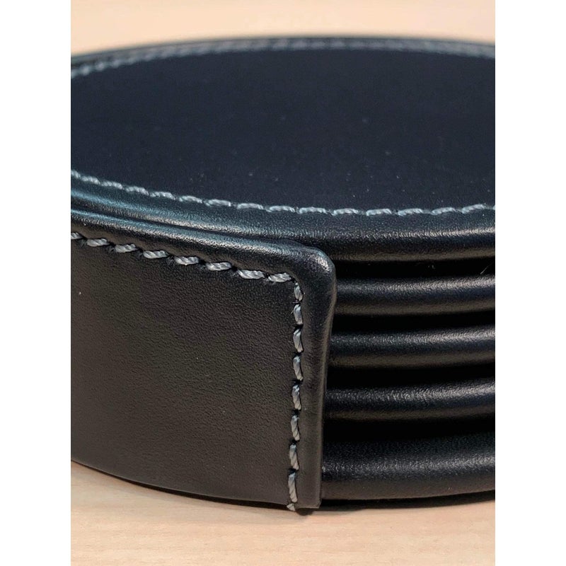 Dacasso Rustic Black Leather 4-Round Coaster Set - Image 4